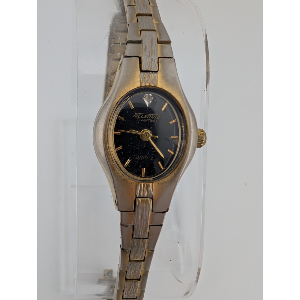 Vintage Nelsonic Watch Women 18mm Case Black Dial 7" Band- New Battery